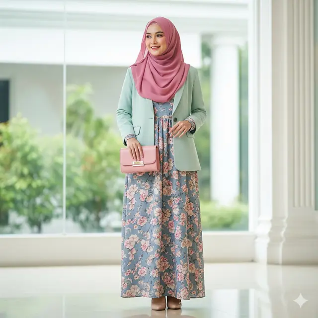 Dress Motif Floral Vintage + Blazer Pastel