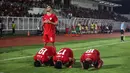 Pemain Timnas Indonesia U-20 merayakn gol yang dicetak oleh Jens Raven ke gawang Yaman U-20 dalam laga ketiga Grup F Kualifikasi Piala Asia U-20 2025 yang digelar di Stadion Madya, Jakarta, Minggu (29/9/2024). (Bola.com/Abdul Aziz)