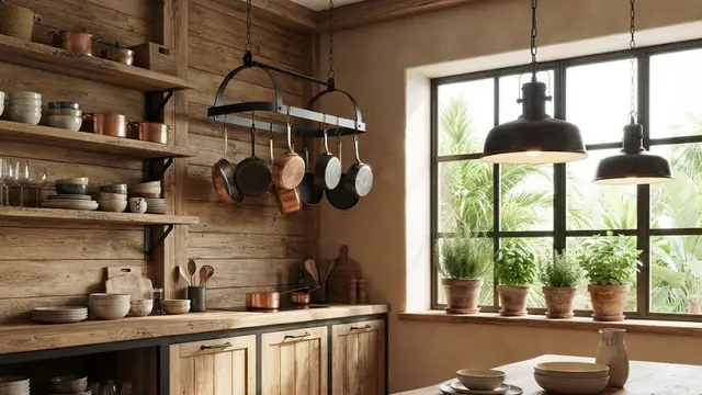 Dapur Rustic dengan Perpaduan Kayu dan Besi