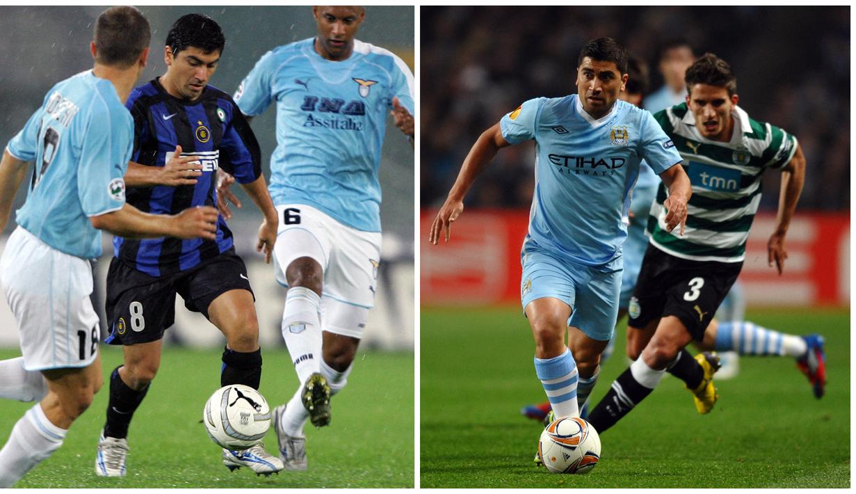 Foto kolase saat David Pizarro (kiri) saat membela Inter Milan dalam pertandingan Liga Italia pada 5 November 2005 dan Pizarro (kanan) saat membela Manchester City dalam pertandingan Europa League pada 15 Maret 2012. (AFP/Vicenzo Pinto, Paul Ellis)