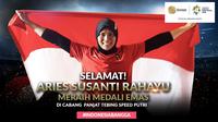 Selamat Meraih Emas Aries Susanti Rahayu (Bola.com/ Foto: Riska Prasetya /Grafis: Adreanus Titus)