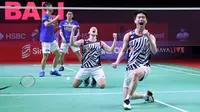 Ganda Putra Indonesia Kevin Sanjaya Sukamuljo dan Marcus Fernaldi Gideon berselebrasi saat mengalahkan pasangan Jepang Takuro Hoki dan Yugo Kobayashi pada Indonesia Open 2021 di Nusa Dua, Bali, Minggu (28/11/2021). Kevin/Marcus keluar sebagai juara dengan skor 21-14, 21-21-18. (HUMAS PP PBSI)