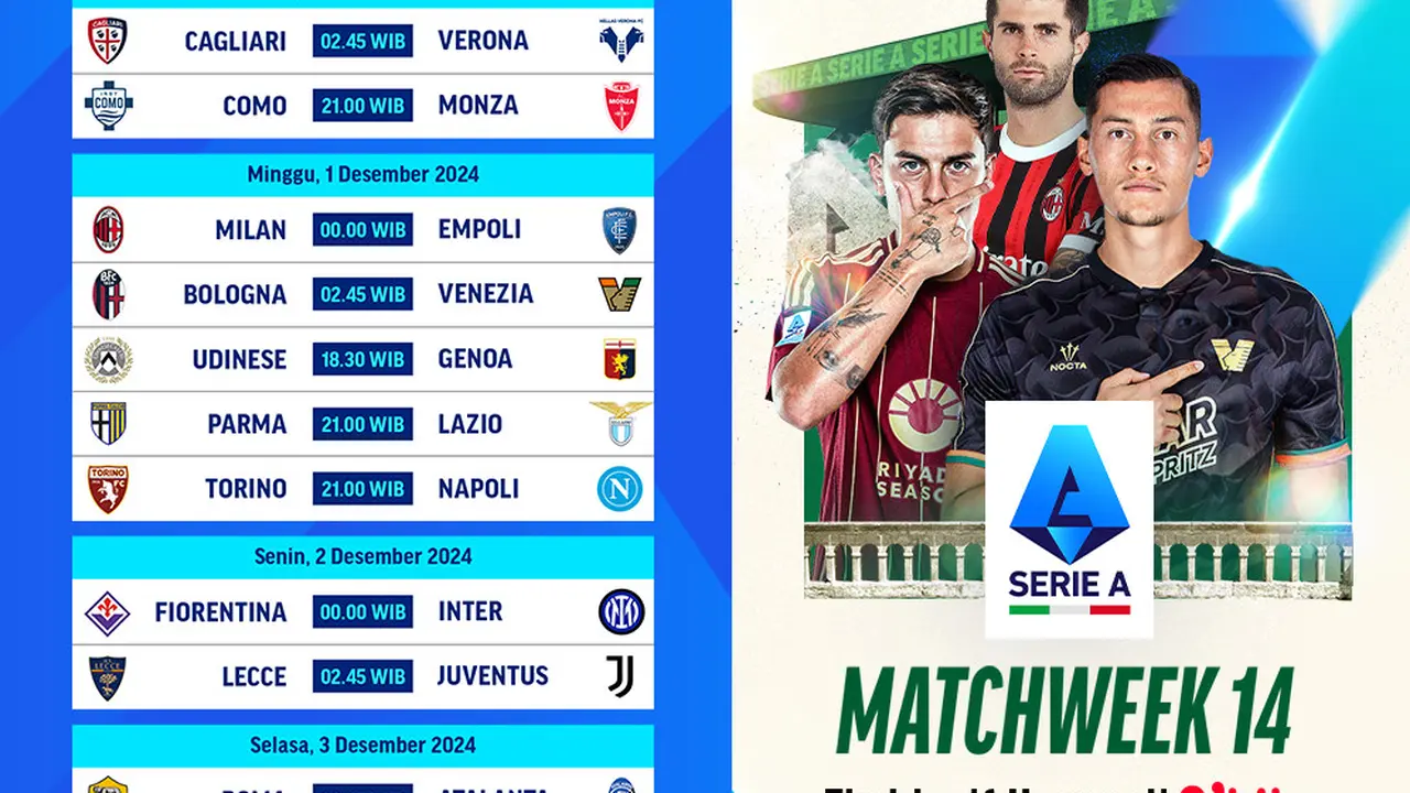 Jadwal Liga Italia 2024/25 Matchweek 14 di Vidio