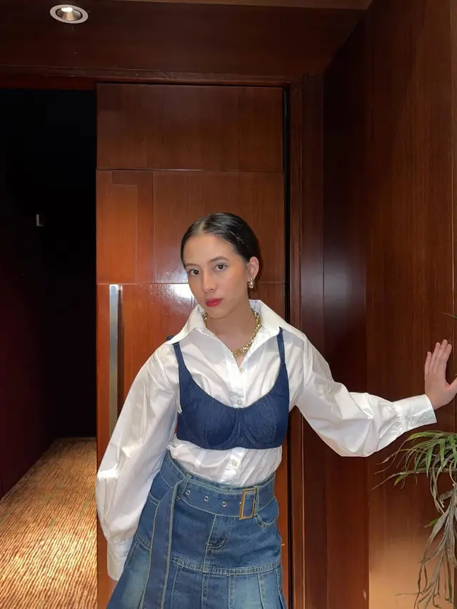 Bold denim look with white shirt