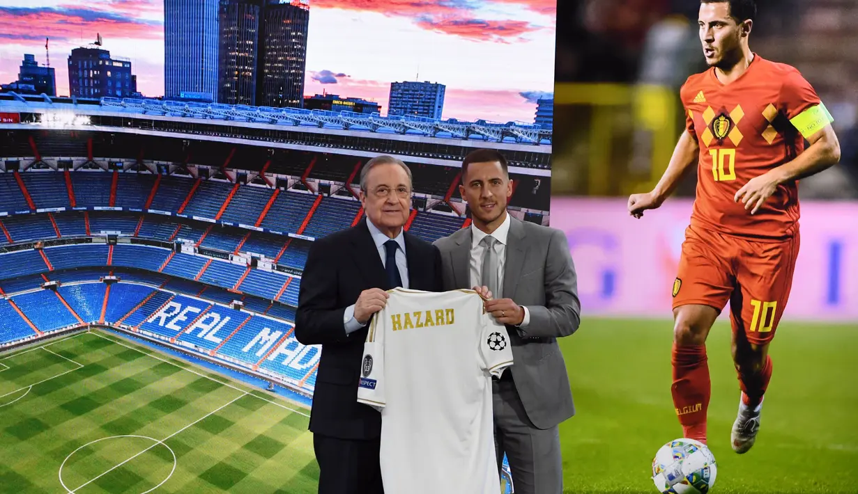 Gelandang Real Madrid, Eden Hazard, bersama presiden Florentino Perez saat perkenalan dirinya di Stadion Santiago Bernabeu, Madrid, Kamis (13/6). Dirinya didatangkan Madrid dari Chelsea dengan kontrak lima musim. (AFP/Gabriel Bouys)