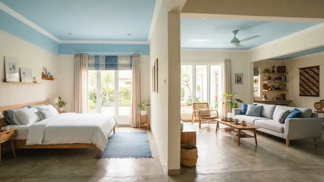Ide warna plafon selain putih yang tetap membuat ruangan terlihat lapang model biru muda untuk kamar dan ruang santai