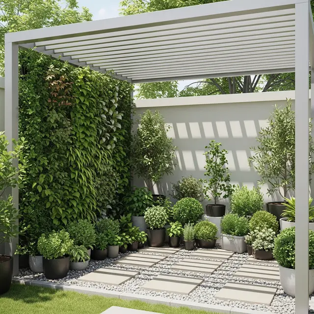 Sudut Taman Kecil dengan Pergola Baja Ringan (Gemini AI)
