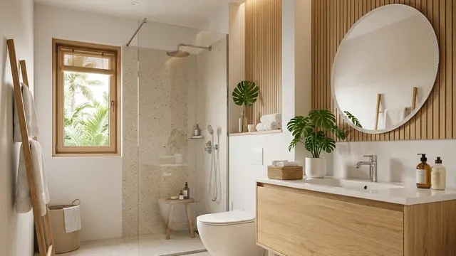 Kamar Mandi Minimalis Nuansa Putih dan Kayu
