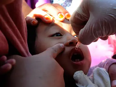 Petugas Puskesmas meneteskan vaksin polio kepada balita saat Sub-Pekan Imunisasi Nasional (PIN) Polio di Posyandu Teratai, Jalan Jawa, Depok, Jawa Barat, Senin (3/4/2023). (merdeka.com/Arie Basuki)