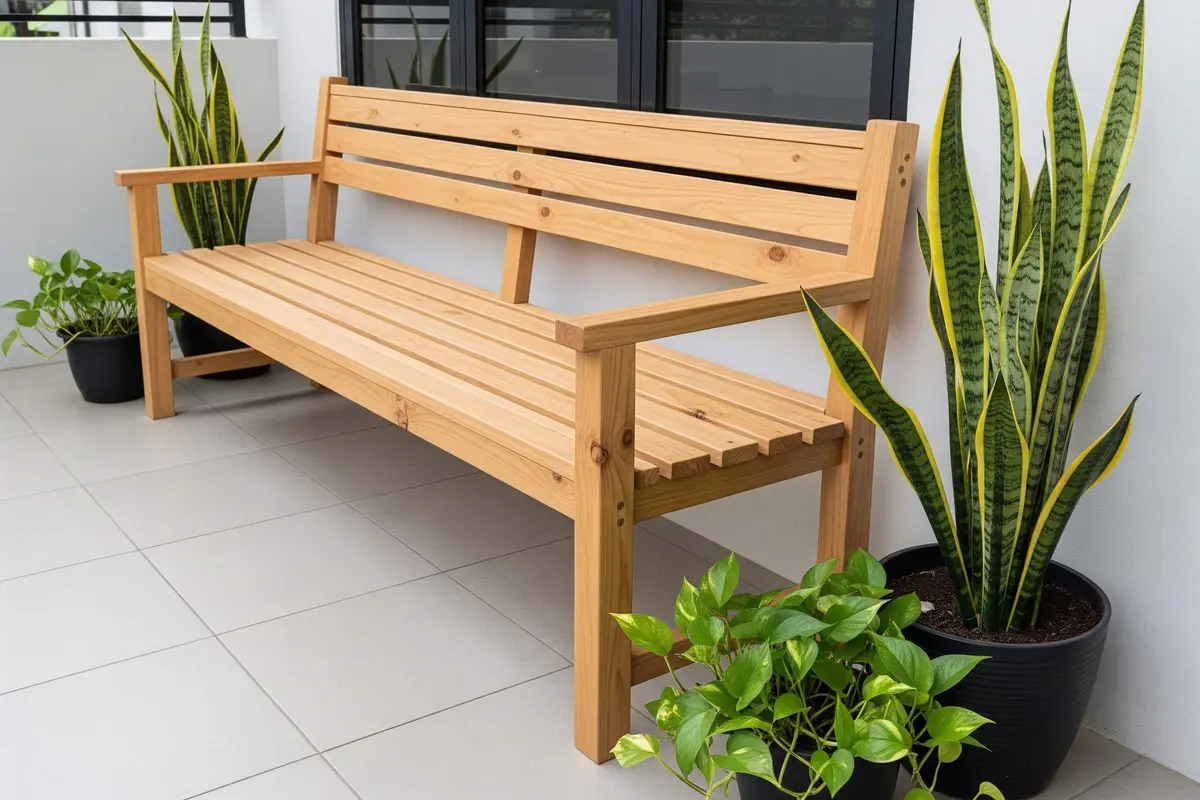 Teras Rumah Minimalis dengan Kursi Kayu Panjang