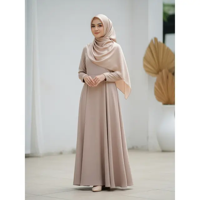 Gamis A-Line Polos + Pashmina Satin Nude
