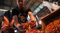 Pedagang cabai merah merapikan dagangannya di Pasar Jati, Jakarta, Kamis (10/3/2022). Kenaikan harga cabai rawit merah di Pasar Jati dipicu pasokan yang menurun akibat cuaca buruk di sejumlah daerah penghasil. (Faizal Fanani/Liputan6.com)