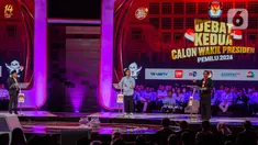 Para Cawapres nomor urut satu, dua, dan tiga saat sesi tanya jawab pada debat kedua Pemilu 2024 di Jakarta Convetion Center, Jumat (22/12/2023). (Liputan6.com/Faizal Fanani)