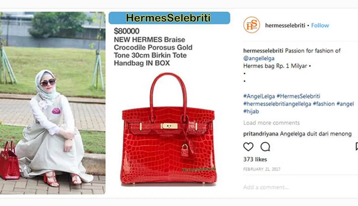 Sebagai selebriti, pastinya Angel Lelga tak hanya memiliki satu tas. Berbagai model dan warna pastinya sudah dimiliki wanita yang satu ini. Dan untuk koleksi tas Angel ini harganya pun lag-lagi Rp. 1 Milyar. (Instagram/hermesselebriti)