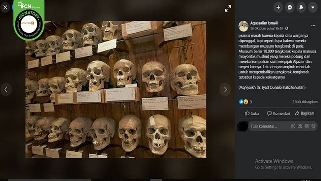 Gambar Tangkapan Layar Foto Tengkorak yang Disimpan di Museum Prancis (sumber: Facebook)