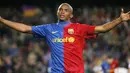 Reaksi striker Barcelona, Samuel Eto'o sesaat setelah mencetak gol dalam laga La Liga menghadapi Sporting Gijon di Nou Camp, Barcelona, 28 Februari 2009. AFP PHOTO/JOSEP LAGO