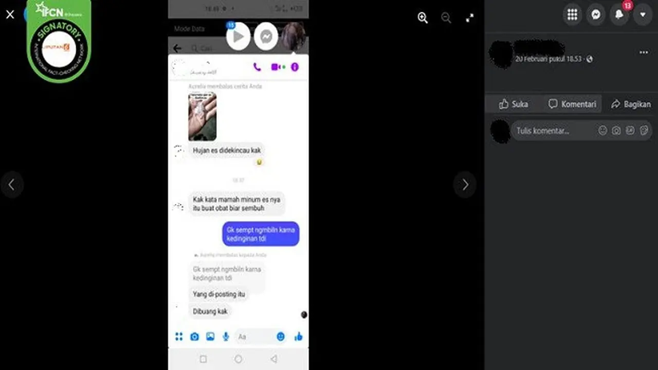 Gambar Tangkapan Layar Klaim Mengonsumsi Hujan Es dapat Meningkatkan Imun Tubuh (sumber: Facebook).