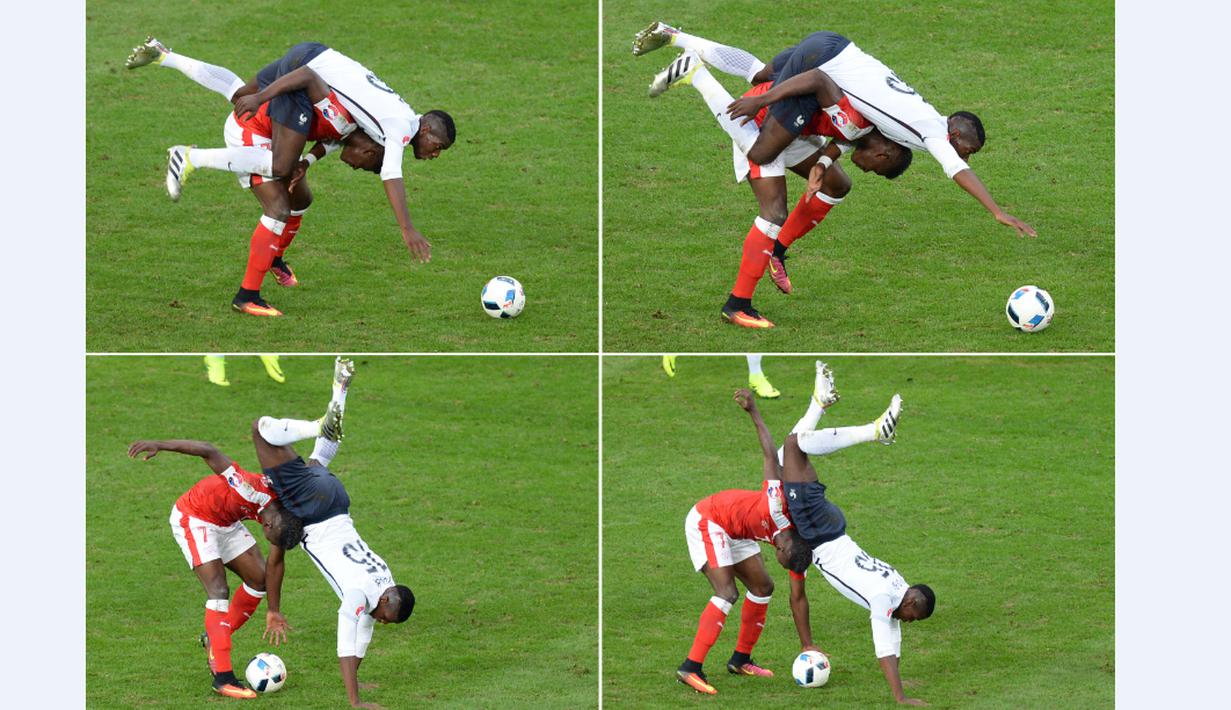 Kombinasi foto yang merekam pemain Prancis, Paul Pogba (atas), berebut bola dengan pemain Swiss, Breel Embolo, pada laga terakhir Grup A Piala Eropa 2016 di Stade Pierre Mauroy, Lille, Senin (20/6/2016) dini hari WIB. (AFP/Denis Charlet)
