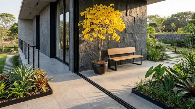 Teras Batu Andesit dengan Tabebuya Mini Kuning