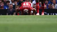 Selebrasi striker Liverpool, Mo Salah usai mencetak gol ke gawang Ipswich Town di ajang Liga Inggris hari Sabtu (17/08/2024) malam WIB. (HENRY NICHOLLS / AFP)