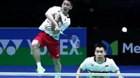 Kevin Sanjaya Sukamuljo/Marcus Fernaldi Gideon mengaku bakal berkonsentrasi penuh menghadapi Mads Conrad-Petersen/Mads Pieler Kolding pada semifinal India Terbuka 2017, Sabtu (1/4/2017). (PBSI)