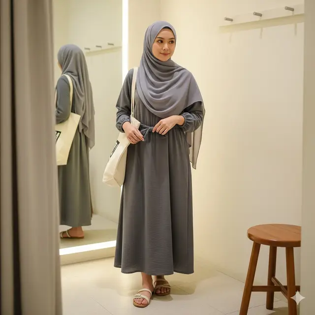 Midi Dress Crinkle Warna Abu-Abu Natural yang Praktis