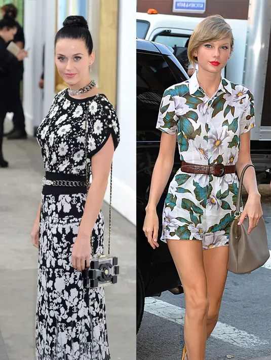 Untuk musim semi, Taylor dan Katty sama-sama memilih motif floral dengan ikat pinggang. (REX/Shutterstock/HollywoodLife)