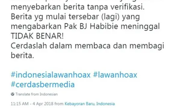 Statement resmi pihak BJ Habibie atas hoax ini. © twitter.com/habibiecenter/