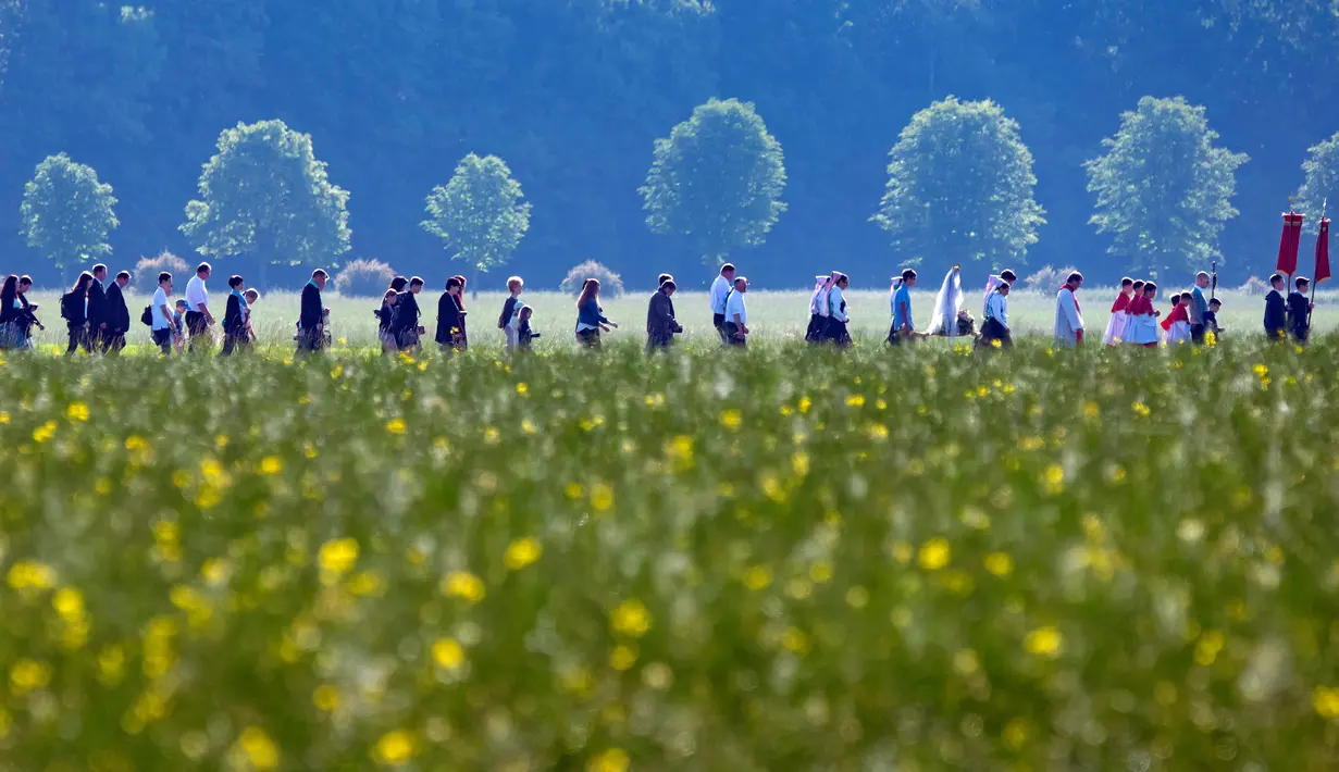 Sejumlah jemaat melakukan iring-iringan yang membawa patung Bunda Maria saat prosesi Whit Monday di gereja di Rosenthal, Jerman (21/5). (AP Photo / Jens Meyer)