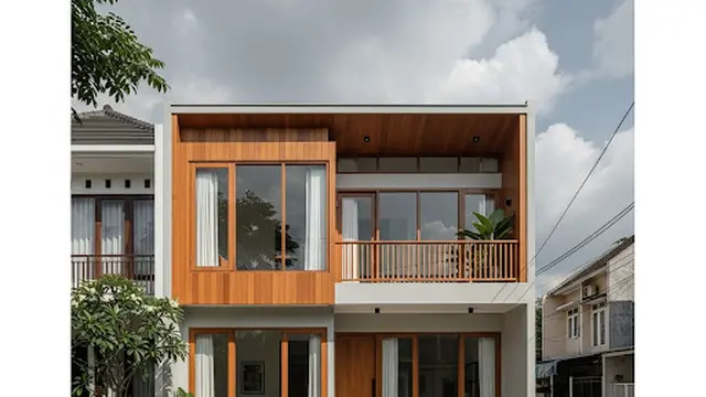 Desain Rumah Mungil dengan Fasad Kayu dan Jendela Besar