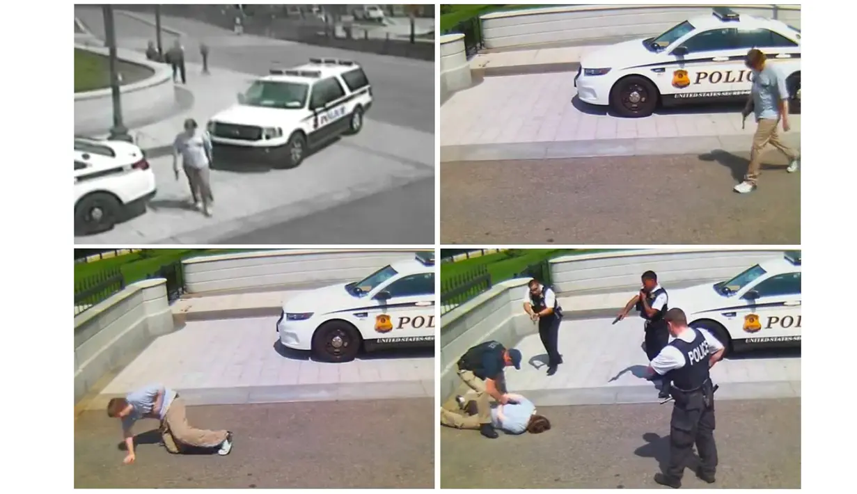 Sejumlah photo aksi Jesse Olivieri  saat terekam kamera CCTV di luar Gedung Putih, Washington, AS pada 20 Mei 2016. Kini menjalani persidangan dengan dakwaan penyerangan terhadap petugas federal. (U.S. District Attorney's Office, D.C./Handout via Reuters)