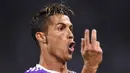 Bintang Real Madrid, Cristiano Ronaldo, merayakan gol yang dicetaknya ke gawang Juventus pada laga Liga Champions di Stadion The Principality, Cardiff, Sabtu (3/6/2017). (AFP/Filippo Monteforte)