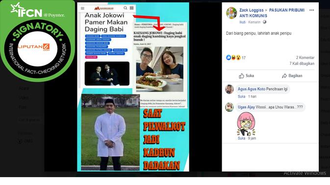 Tangkapan layar dari pemilik akun Zack Loggiss‎ mengenai informasi salah tentang anak Presiden Jokowi, Kaesang Pangarep. (Facebook: Zack Loggiss‎)