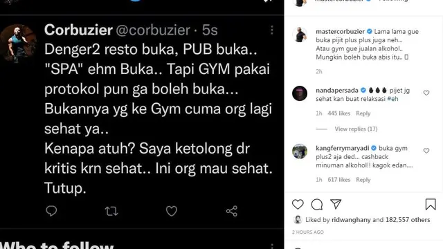 Deddy Corbuzier  kesal tempat gym masih ditutup saat pandemi