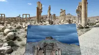 Arch de Triumph sebelum dan sesudah hancur karena Perang Suriah. (Foto dari express.co.uk)