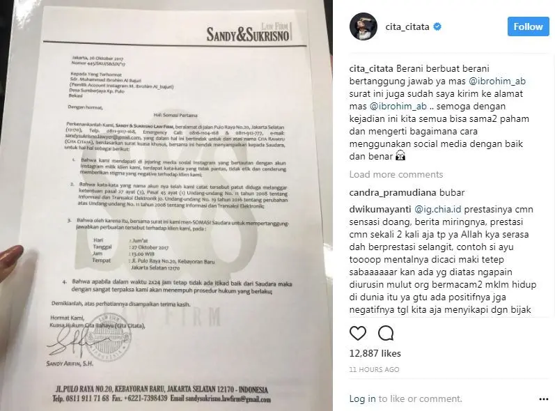 Cita Citata mengunggah foto surat somasi yang dilayangkan ke hater (Instagram/@cita_citata)