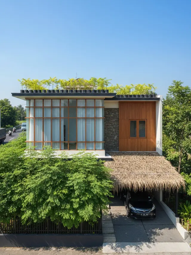 Desain Landscape Rumah di Desa Dekat Jalan Raya. AI