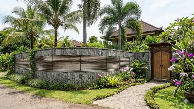 Model Pagar Rumah Rustic dari Bambu dan Batu Alam