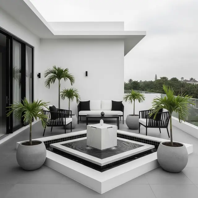 Desain Teras Rumah Mewah dengan Aksen Palem Mini dan Air Mancur (AI Generated)