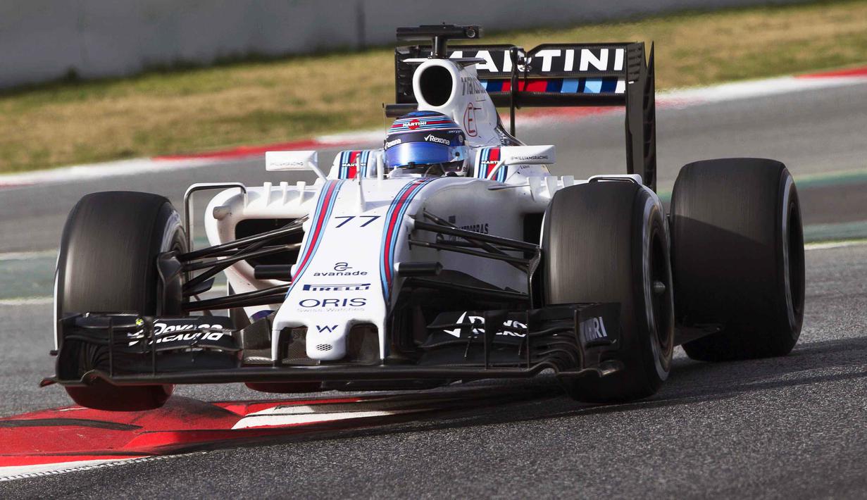 Valtteri Bottas odari Williams mencatat waktu 1m23,229s dari 123 lap pada sesi tes pramusim kedua di Sirkuit Catalunya, Barcelona, selasa (2/3/2016) malam WIB. (EPA/Alejandro Garcia)