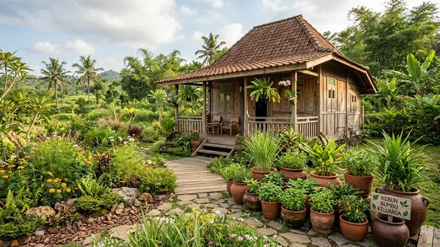 Rumah Desa dengan Taman Depan Bergaya Natural dan Kebun Bumbu dalam Pot (AI Generated)