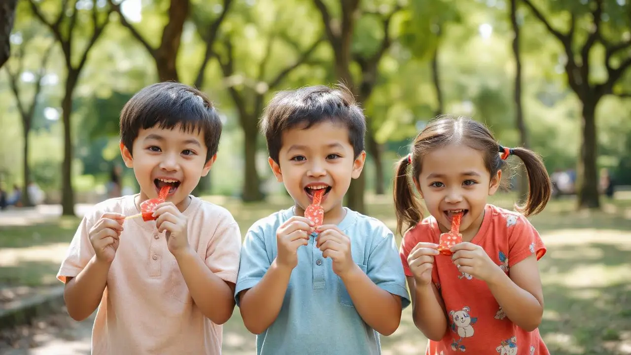 Ilustrasi anak-anak sedang asyik memakan jajanan pedas Latiao. (Foto by AI)