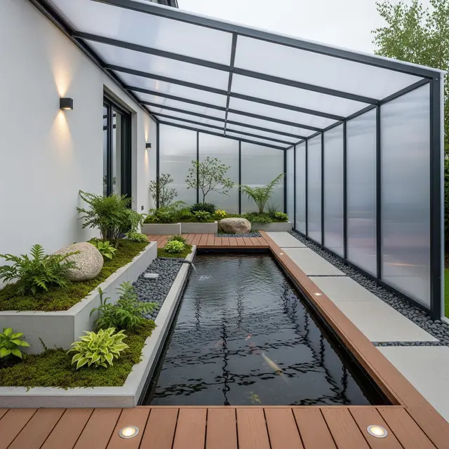 Taman Minimalis dengan Kolam Ikan Tertutup yang Bikin Rumah Terlihat Lebih Asri (Gemini AI)