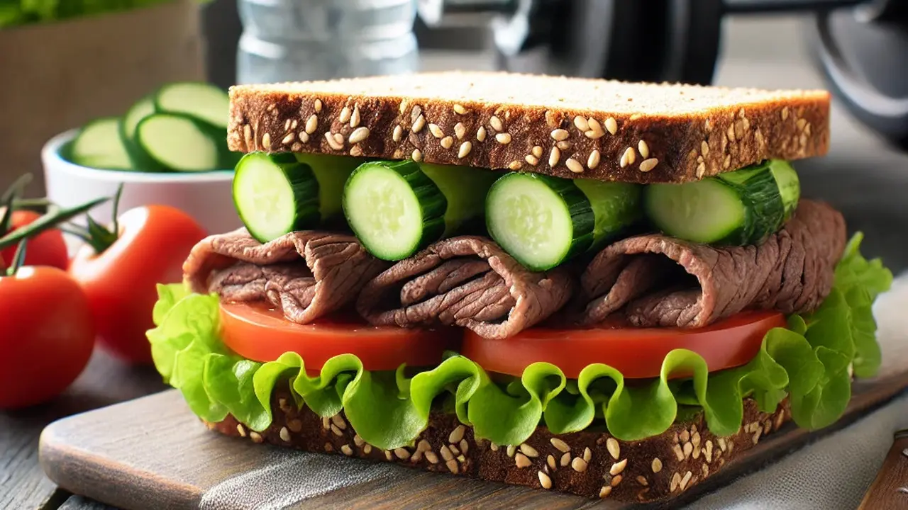 Sandwich Roti Gandum dengan Daging Sapi Tanpa Lemak dan Sayuran