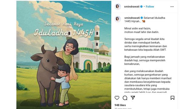 Menteri Keuangan Sri Mulyani Indrawati mengirimkan pesan di tengah ibadah haji yang sedang dijalankannya. Ada doa yang disampaikan ditengah momen Hari Raya Idul Adha.