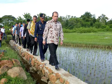 Menteri Desa, Pembangunan Daerah Tertinggal dan Transmigrasi, Marwan Jafar meninjau sarana irigasi yang dibangun menggunakan dana desa dan tenaga kerja setempat di Desa Tenrigangkae, Sulawesi Selatan, Sabtu (13/2/2016). (Foto: Wahyu Wening)