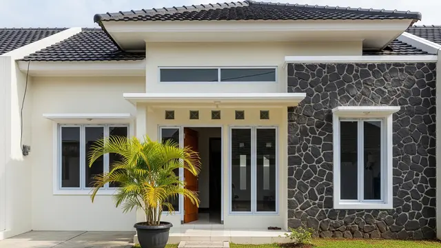 Inspirasi Teras Rumah Subsidi dengan Batu Alam dan Palem Kuning (AI Generated)