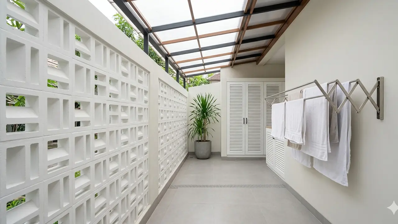 Desain Area Jemuran Samping Rumah yang Tersembunyi tapi Tetap Terang. Gemini