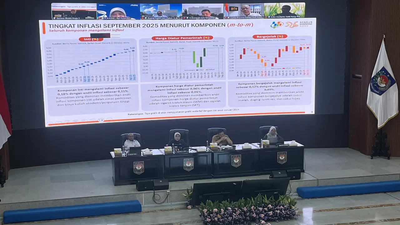 Rapat Koordinasi Pengendalian Inflasi Daerah Tahun 2025, di Sasana Bhakti Praja, Kantor Pusat Kementerian Dalam Negeri, Jakarta Pusat, Senin (6/10/2025).  (Liputan6.com/Winda Nelfira)
