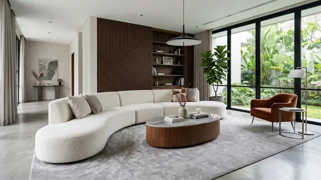 Ruang Keluarga Kontemporer dengan Sofa Berbentuk Melengkung
